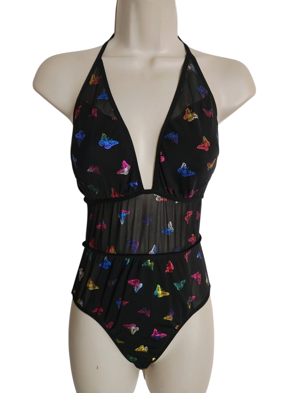 iHeartRaves Butterfly Mesh Bodysuit Small Black Rainbow Halter Rave Festival Y2K